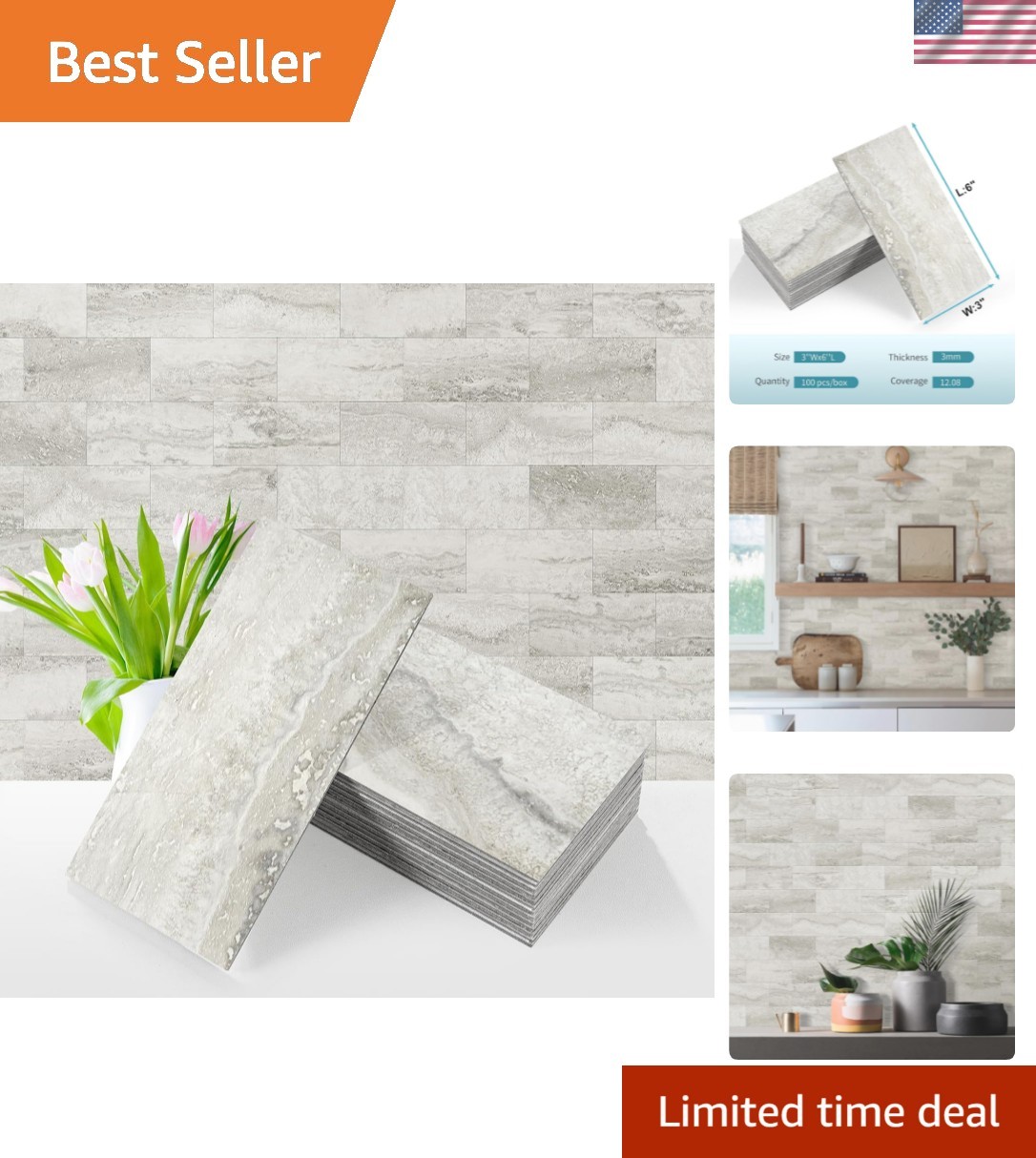 100-Piece Matt Beige Mixed Grey Slate Peel and Stick Backsplash Seamless Tile…