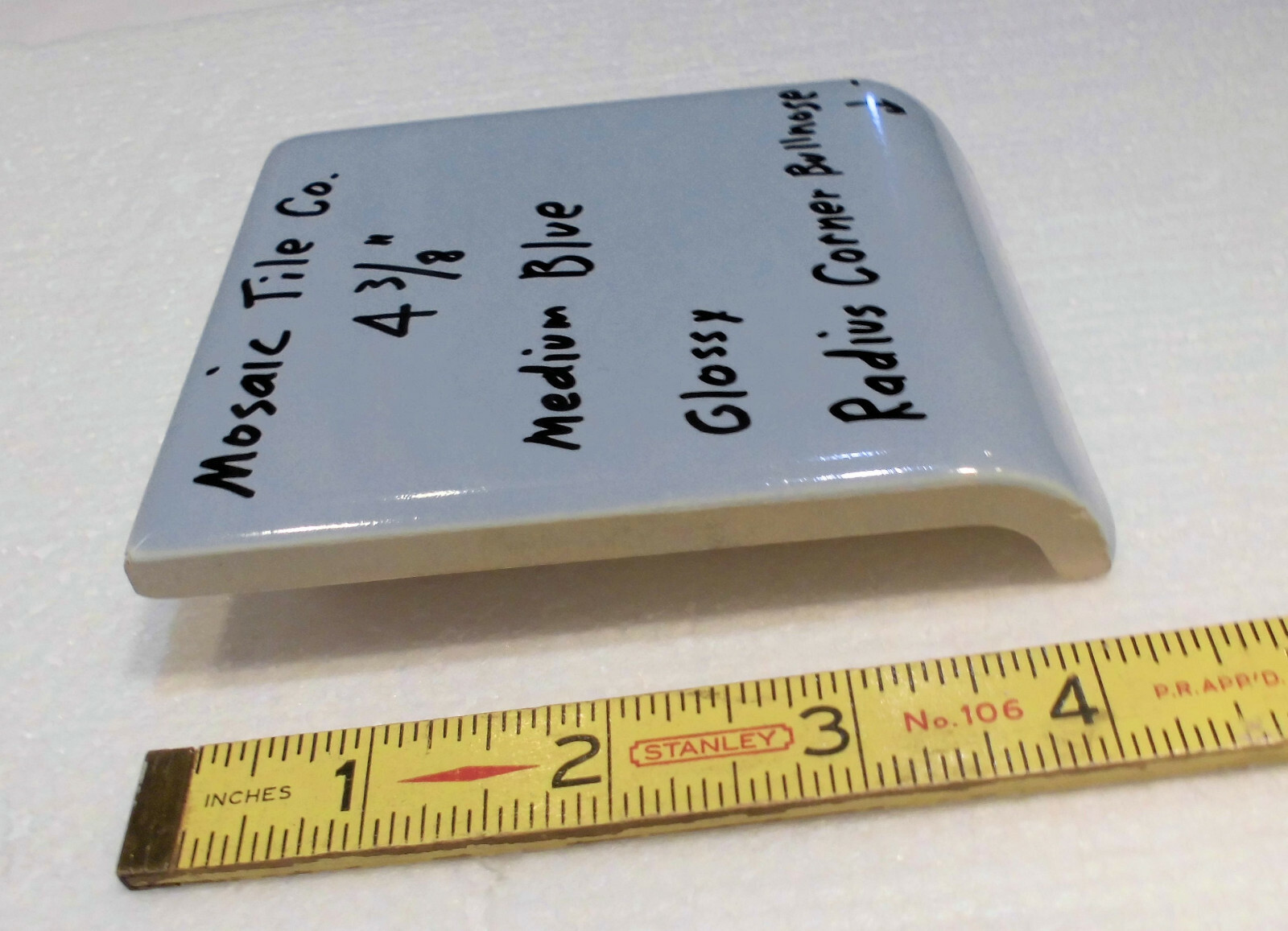 1 pc. Medium Blue – Gray; Radius Corner Bullnose Ceramic 4-3/8″ Glossy; Mosaic