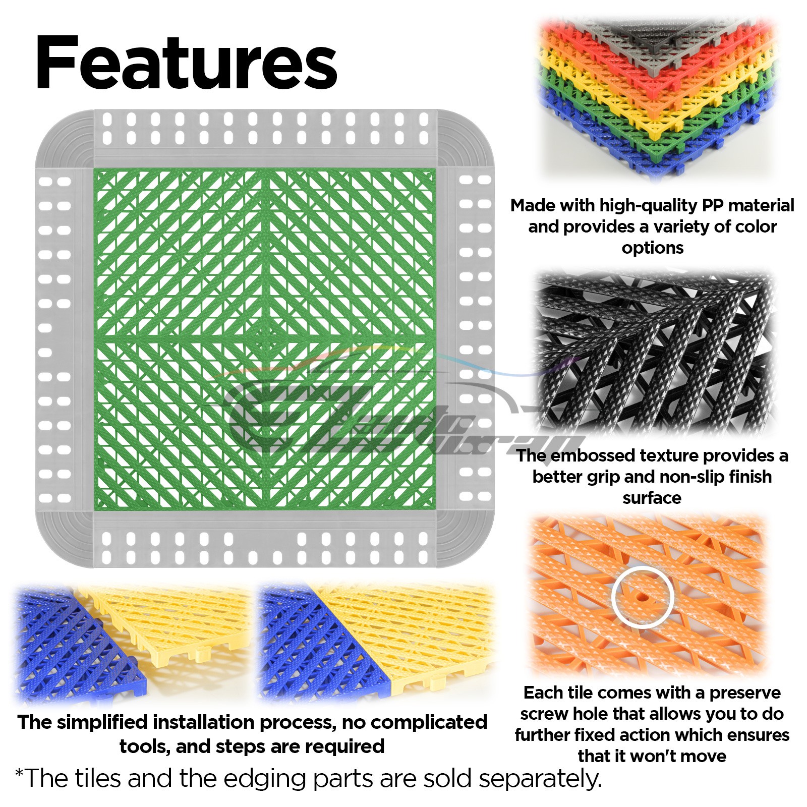 42pcs 16″x16″ Green Garage Floor Mat Perforated Flooring Tile Shop Interlocking