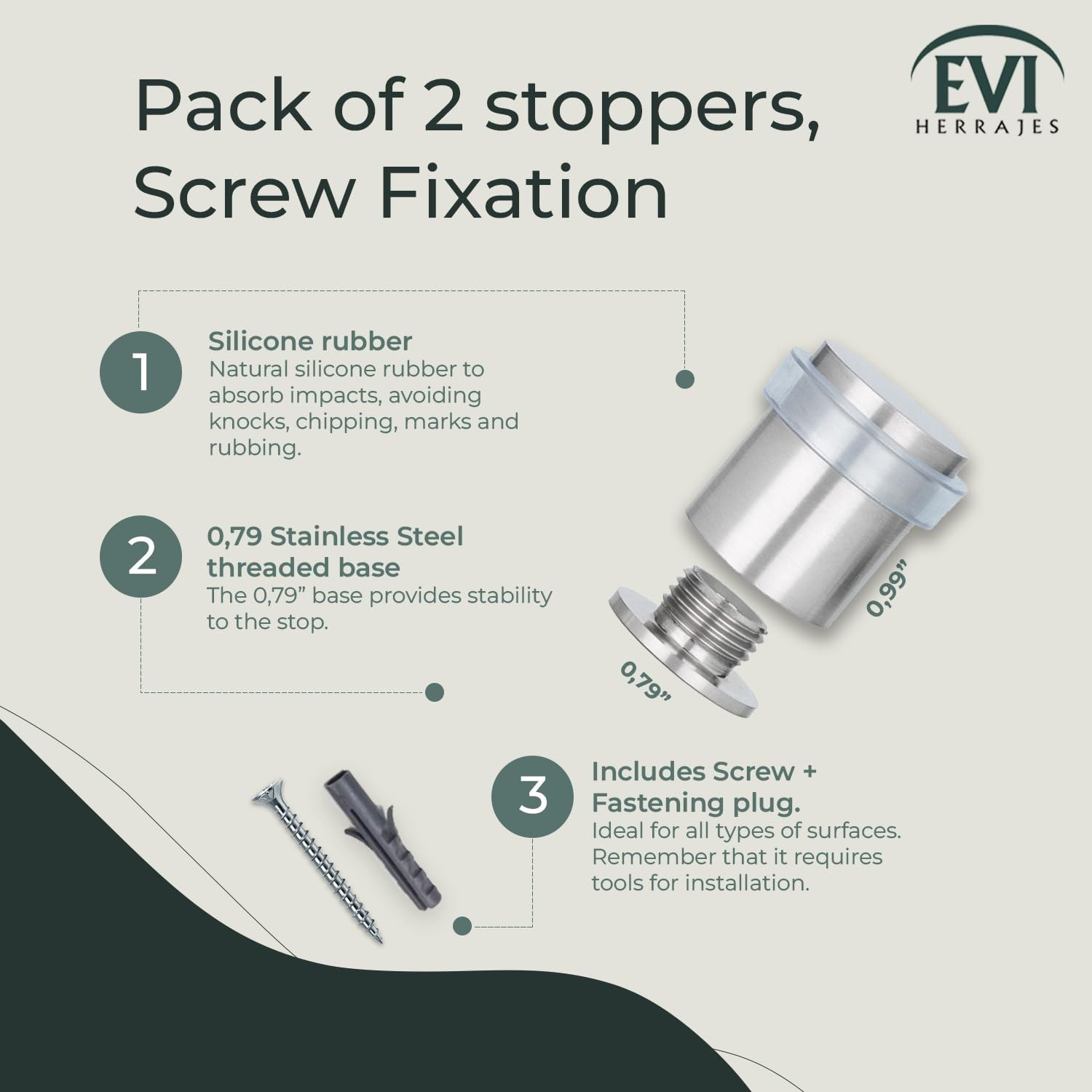 EVI | Pack 2 Doorstops | 20x25mm | Threaded Base | Transparent Rubber | Stain…