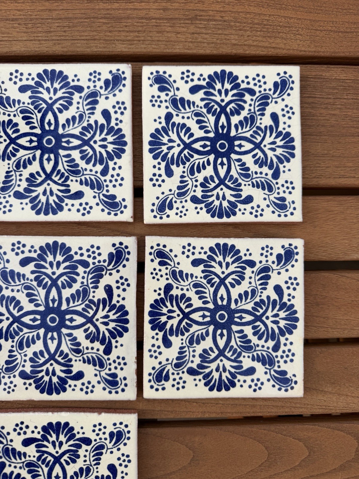 MEXICAN TALAVERA TILES 4×4 TERRACOTTA & WHITE BLUE FOLK ART
