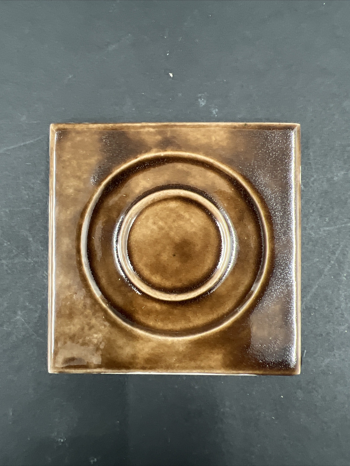 5 – Vintage Brown Ceramic Tile 2 7/8” Square 3/8” Thick Recessed Circles