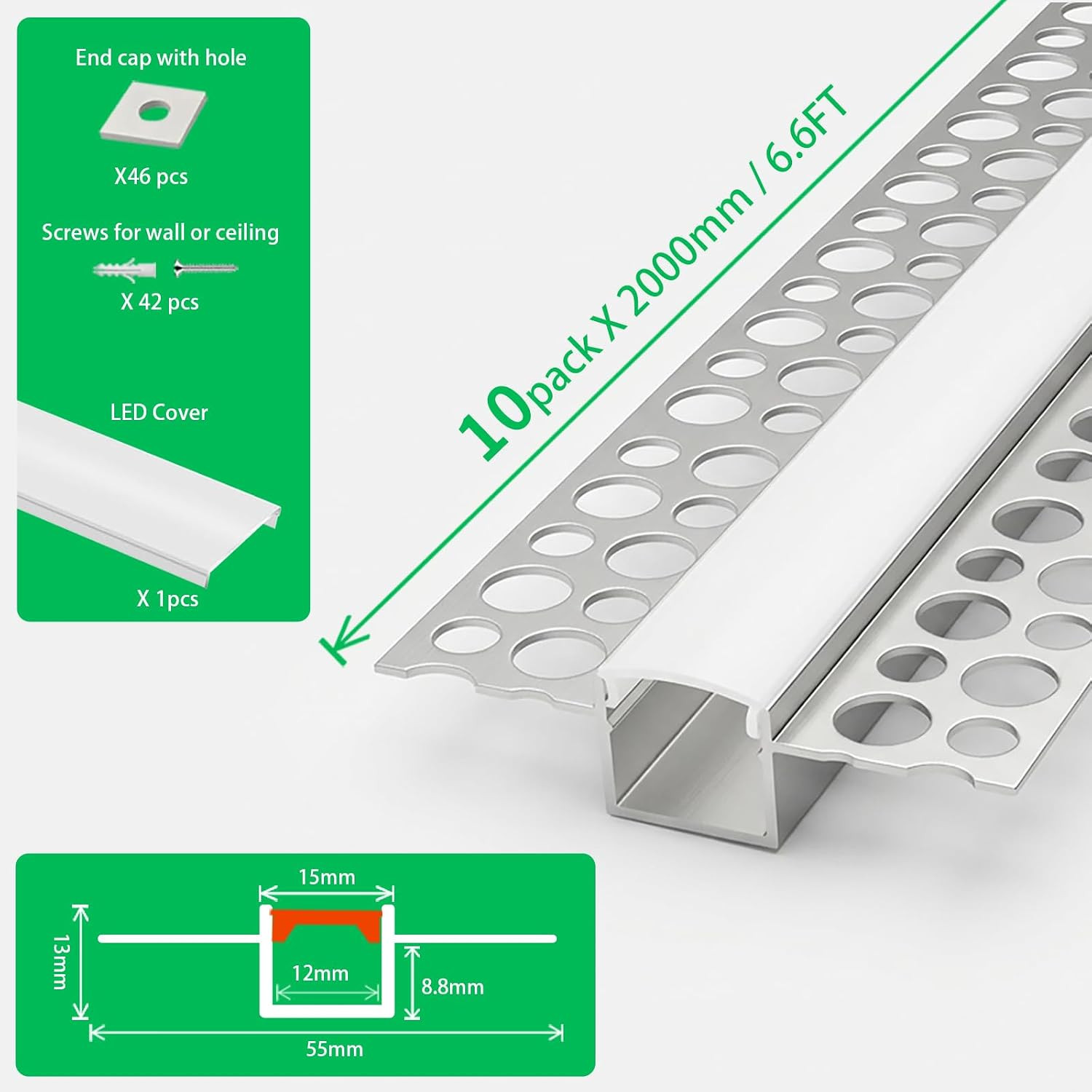 10 Pack Plaster-In Drywall Recessed Led Strip Channel Diffuser 6.6Ft/2Meter Alum