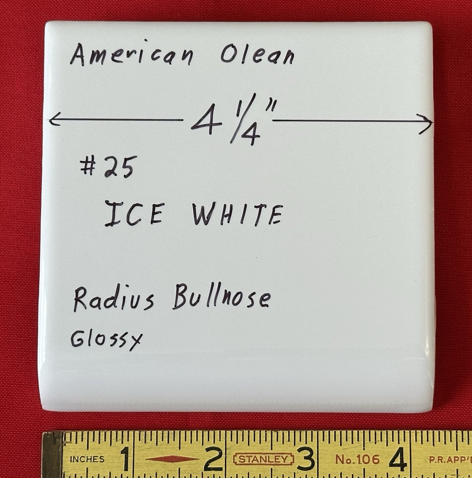 1 pc. Ice White: Gloss Radius Bullnose Ceramic Tile 4-1/4″ American Olean, New