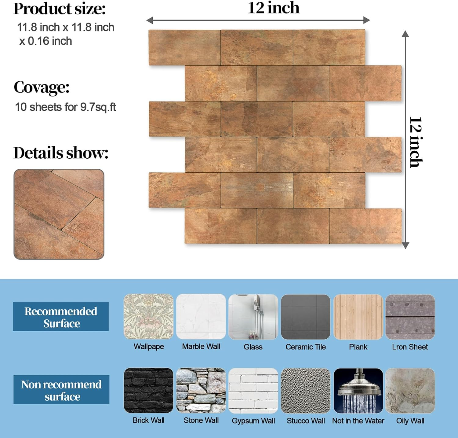 10-Pack 12″x12″ Copper Metal Peel and Stick PVC Wall Tiles for Backsplash