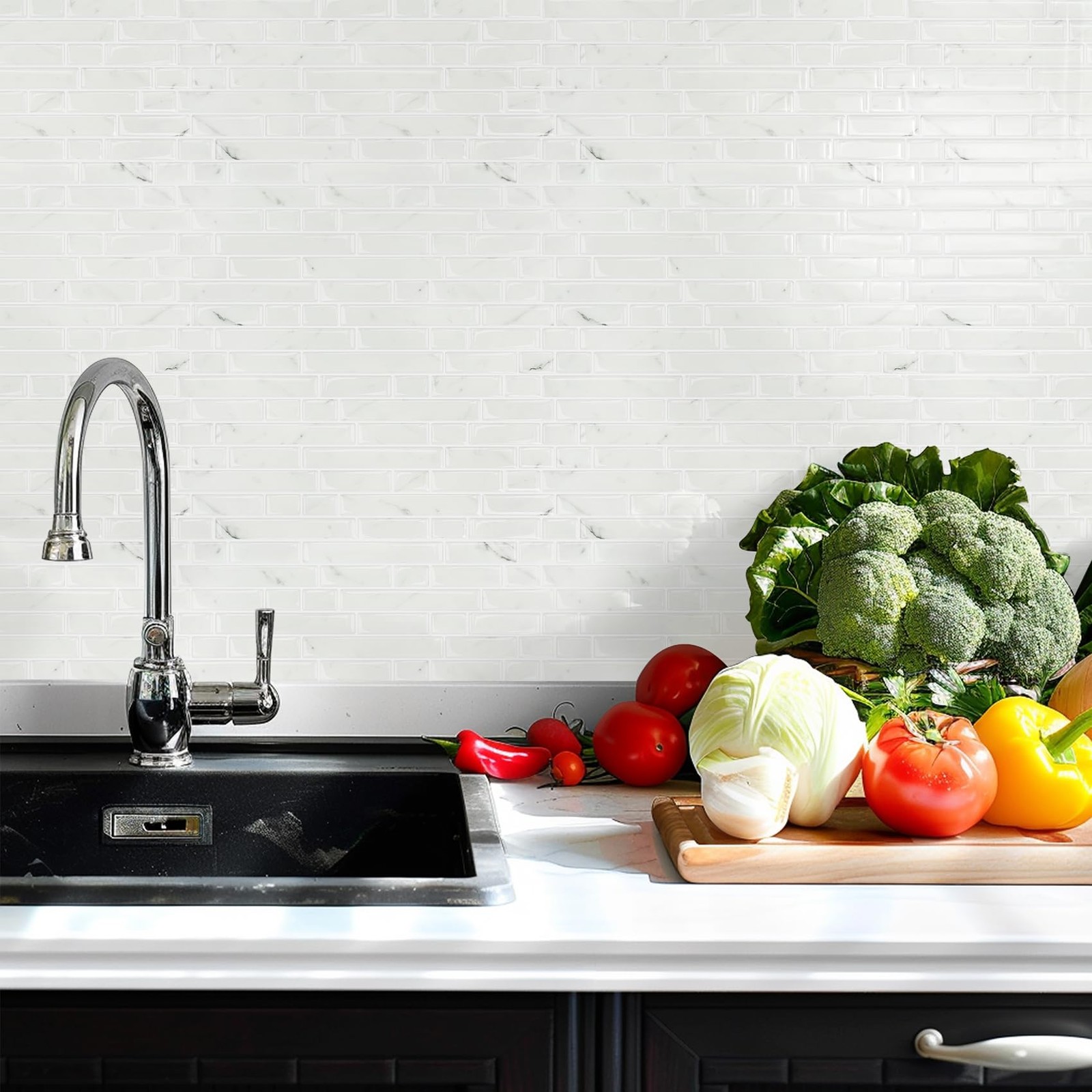 STICKGOO 10-Sheet White Marble Look Peel & Stick Backsplash, 12”X12” Stick on…