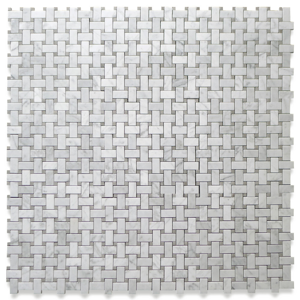 C653XP Carrara Venato Marble 1×2 Basketweave Mosaic Tile Gray Dots Polished