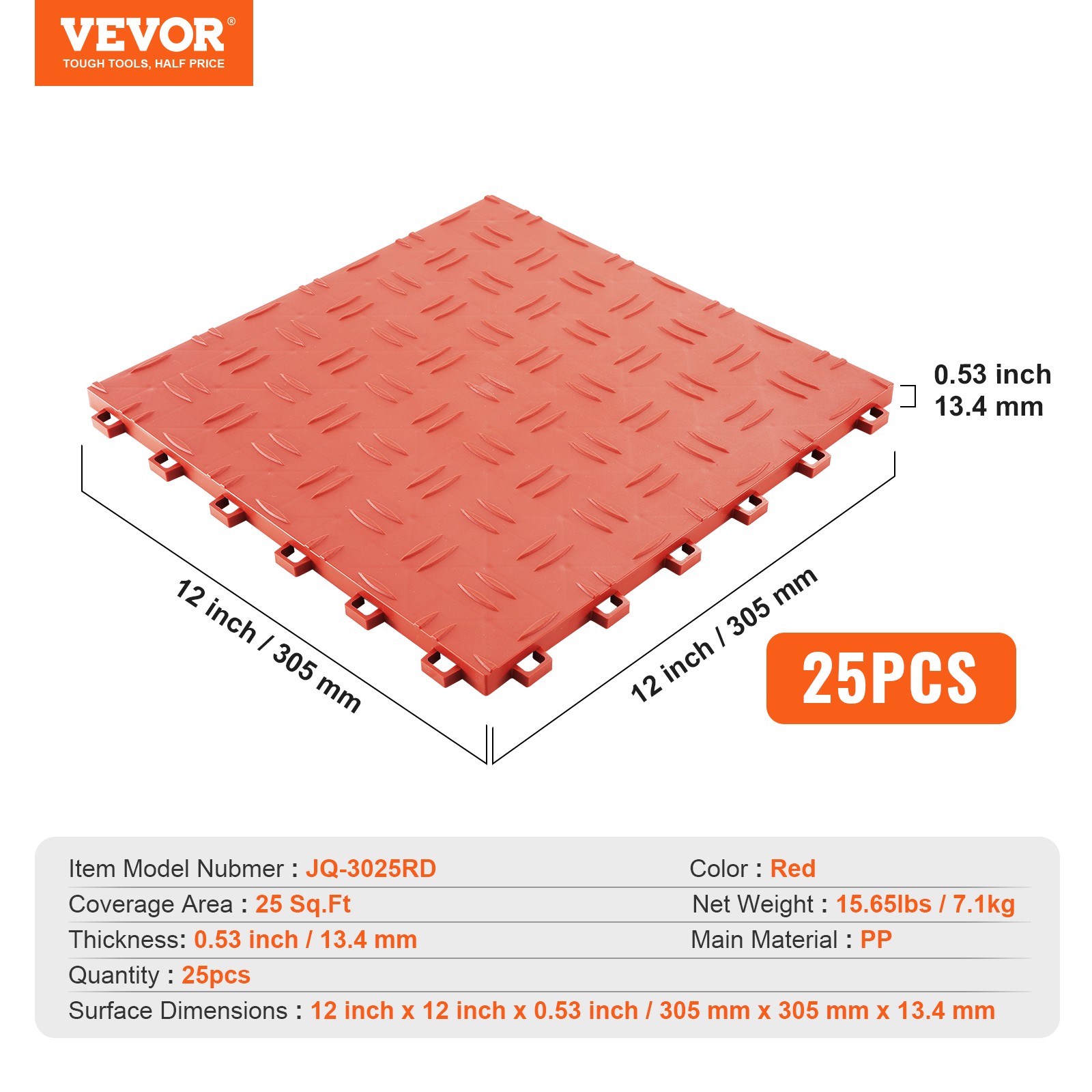 VEVOR Garage Tiles Interlocking 12×12 in 25 Pack Garage Flooring Tiles Red