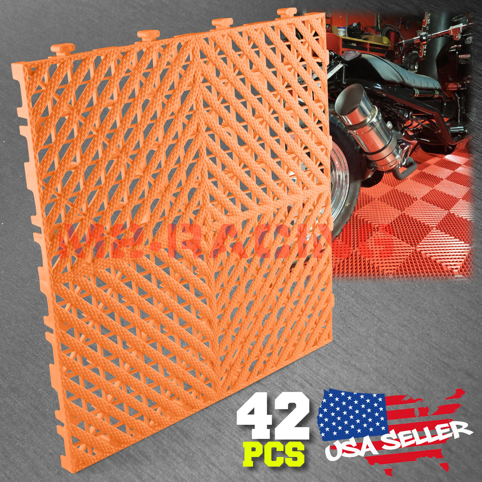 42pcs 16″x16″ Orange Garage Floor Mat Perforated Flooring Tile Shop Interlocking