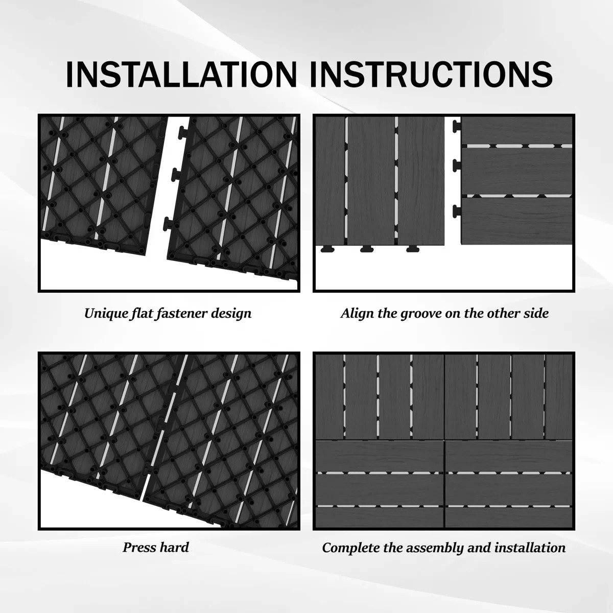 44Pcs HDPE Interlocking Deck,Waterproof Snap-Together w/Drainage Design,Grey