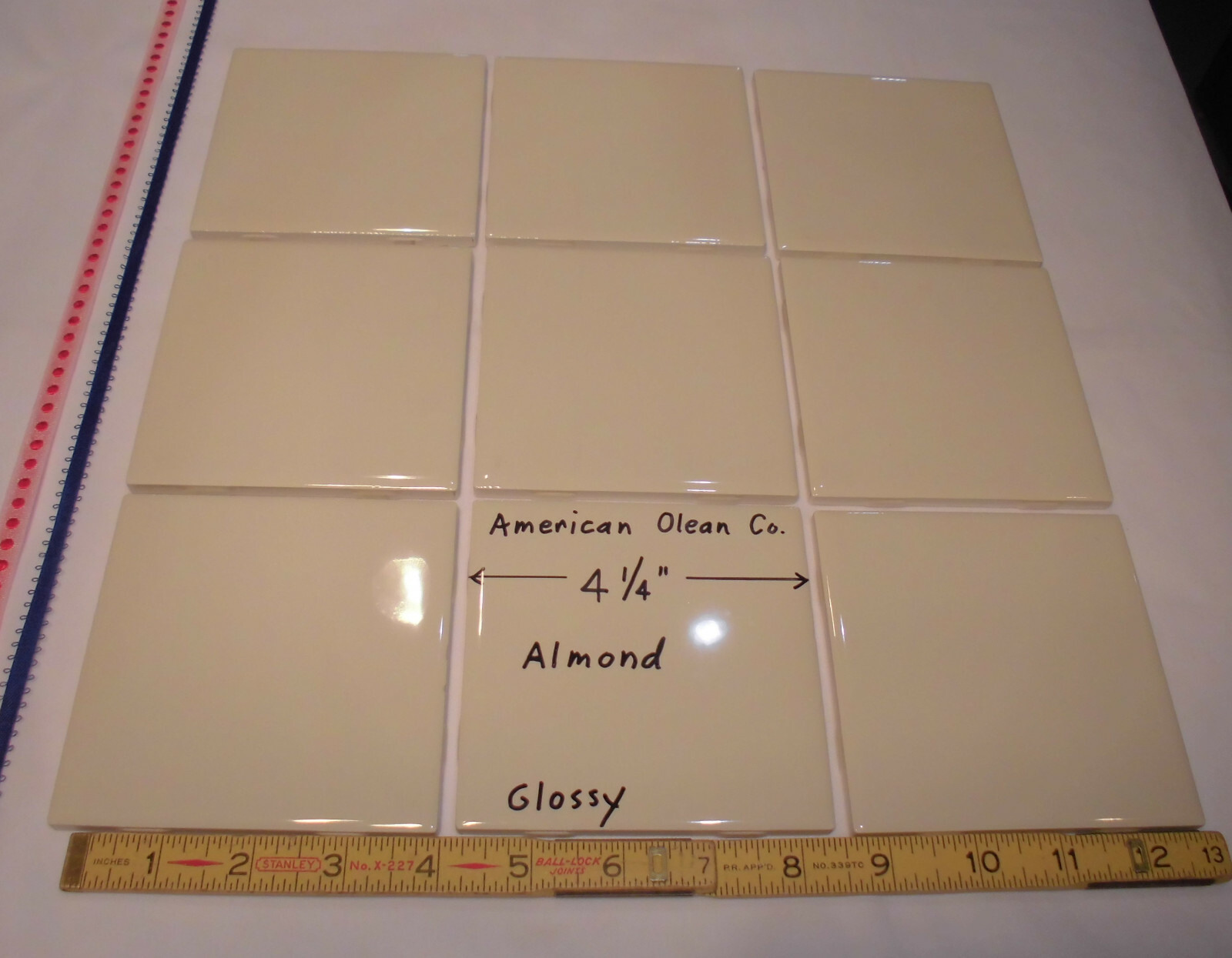 9 pcs. Glossy *Almond* 4-1/4″ Ceramic Tiles by American Olean Co. New Stock