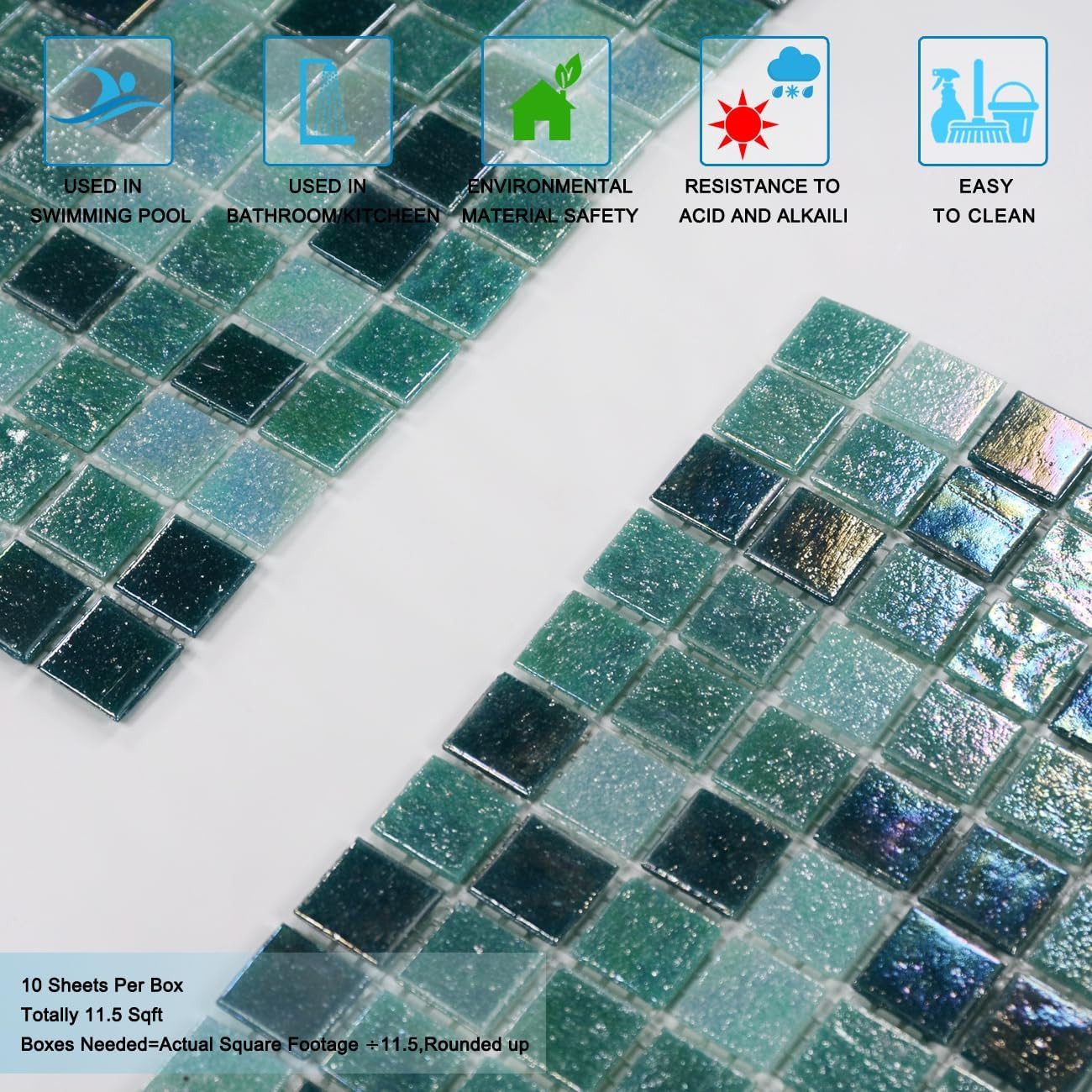 Iridescent Glass Mosaic Tiles for Backsplash, Pool, Shower – 11.5 Sq.Ft