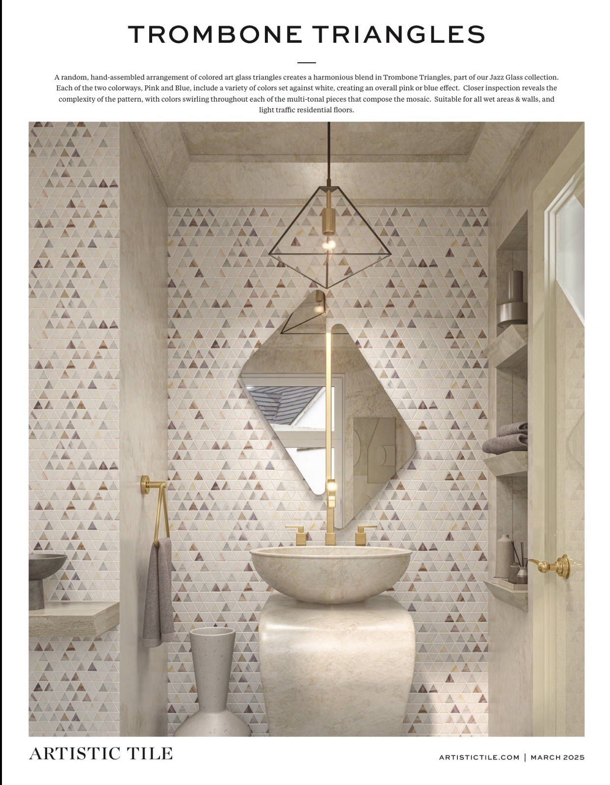 Artistic Tile Trombone Triangles Pink Blend Glass Mosaic Luxury Tile Sheets