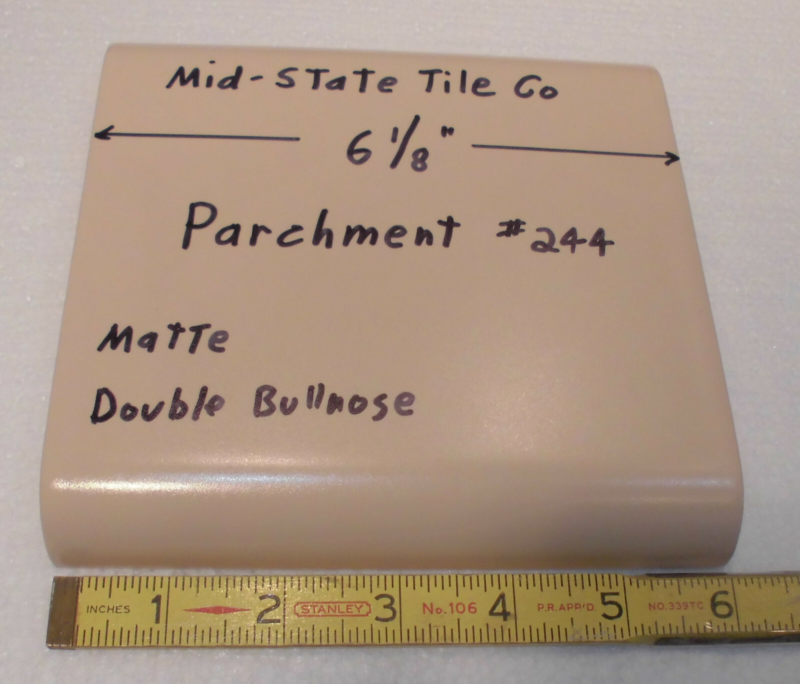 1 pc. Light Brown – Parchment; 6 1/8″ Double Radius Bullnose Glossy Ceramic Tile
