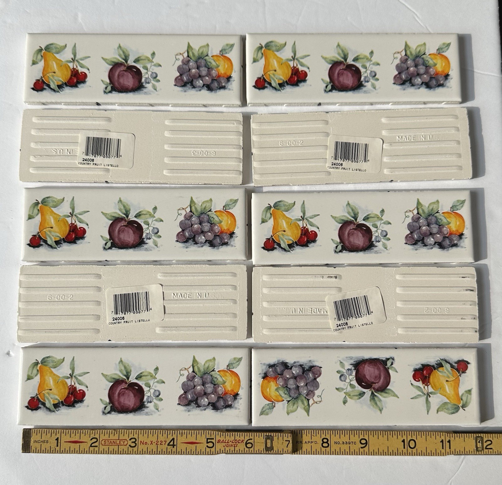 10 pieces: 2″ X 6″ Decorative Ceramic Listello Tile, Country Fruit, made USA