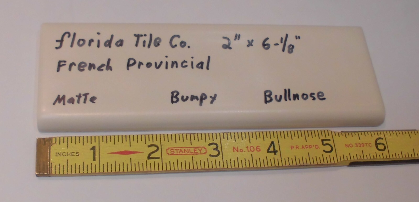 1 pc. French Provincial – very light tan: Bullnose Ceramic Tile by Florida Co.