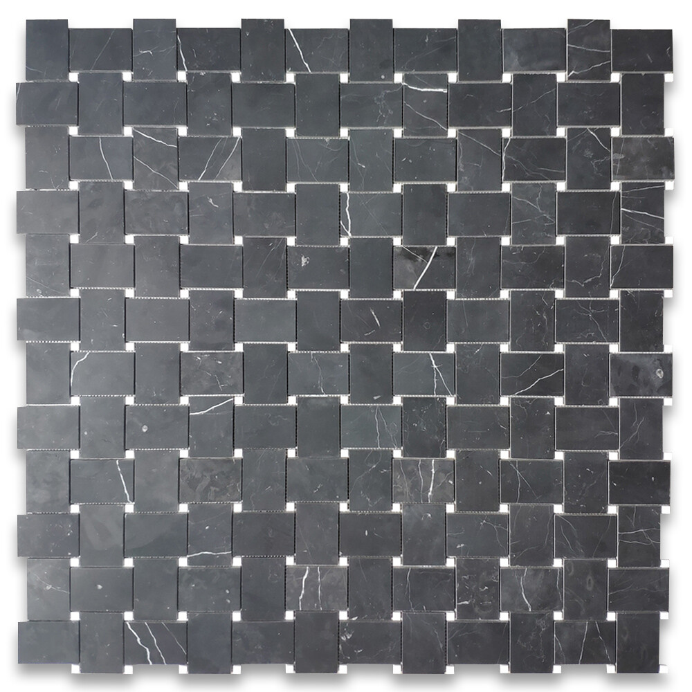N665XH Nero Marquina Black Marble Basketweave Mosaic Tile White Dots Honed