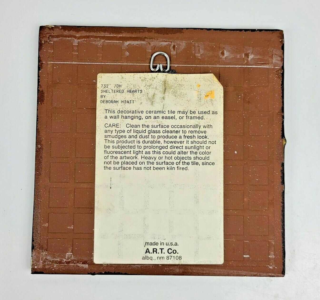 Deborah Hiatt Ceramic Art Tile “Sheltered Hearts” Art Co. 8″ x 8″ Made in USA