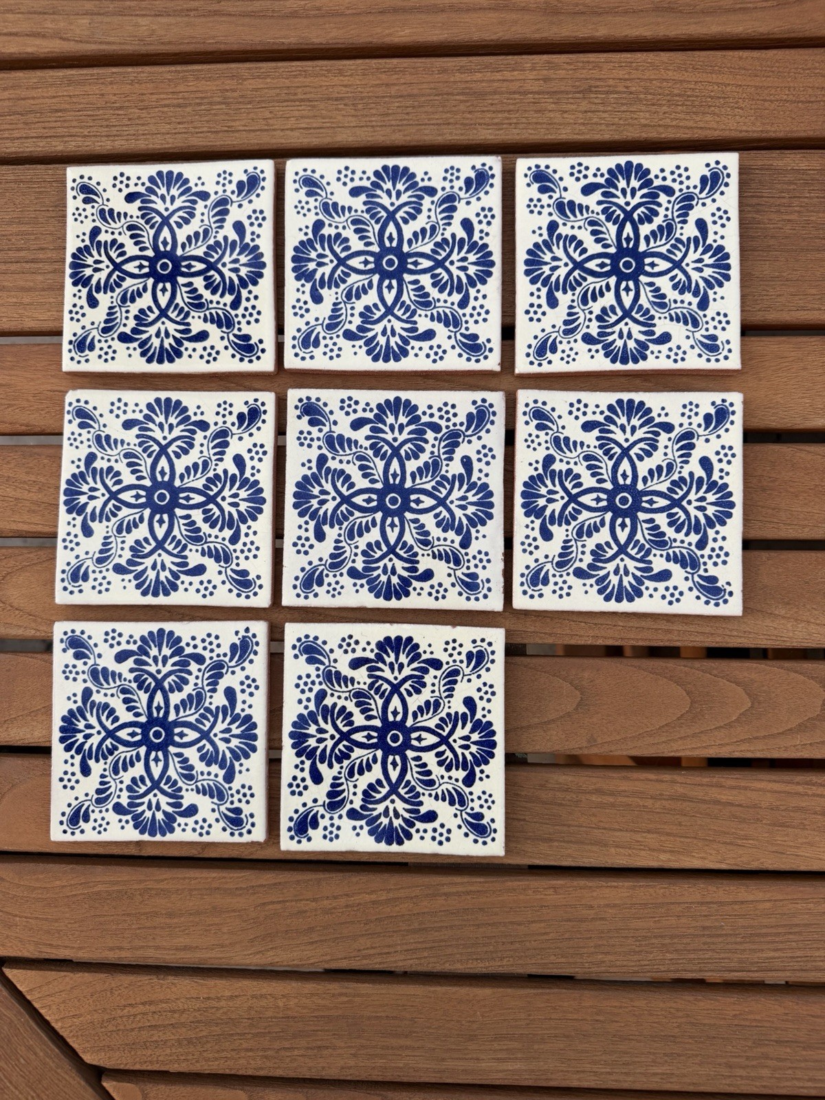 MEXICAN TALAVERA TILES 4×4 TERRACOTTA & WHITE BLUE FOLK ART