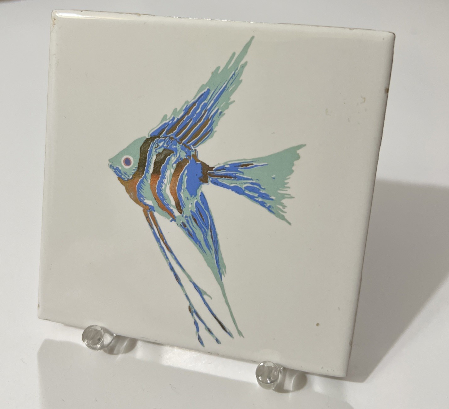 Fish Tile Decorative Angel Fish Blue & Gold With Acrylic Stand 4.25X4.25”
