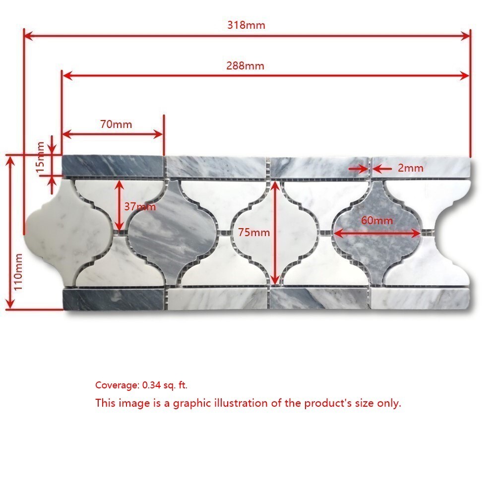 C892B2XP Carrara Venato Marble Arabesque Baroque Border Tile Mix Black Polished