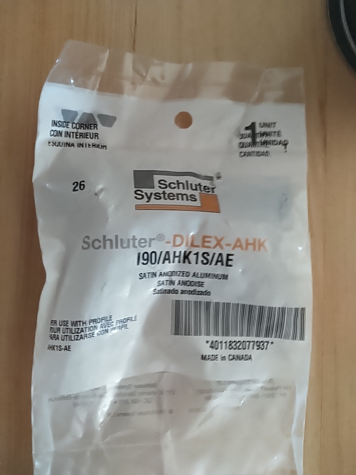 Schluter I90/AHK1S/AE Dilex-Ahka Satin Inside Corner Anodized Aluminum New Seale