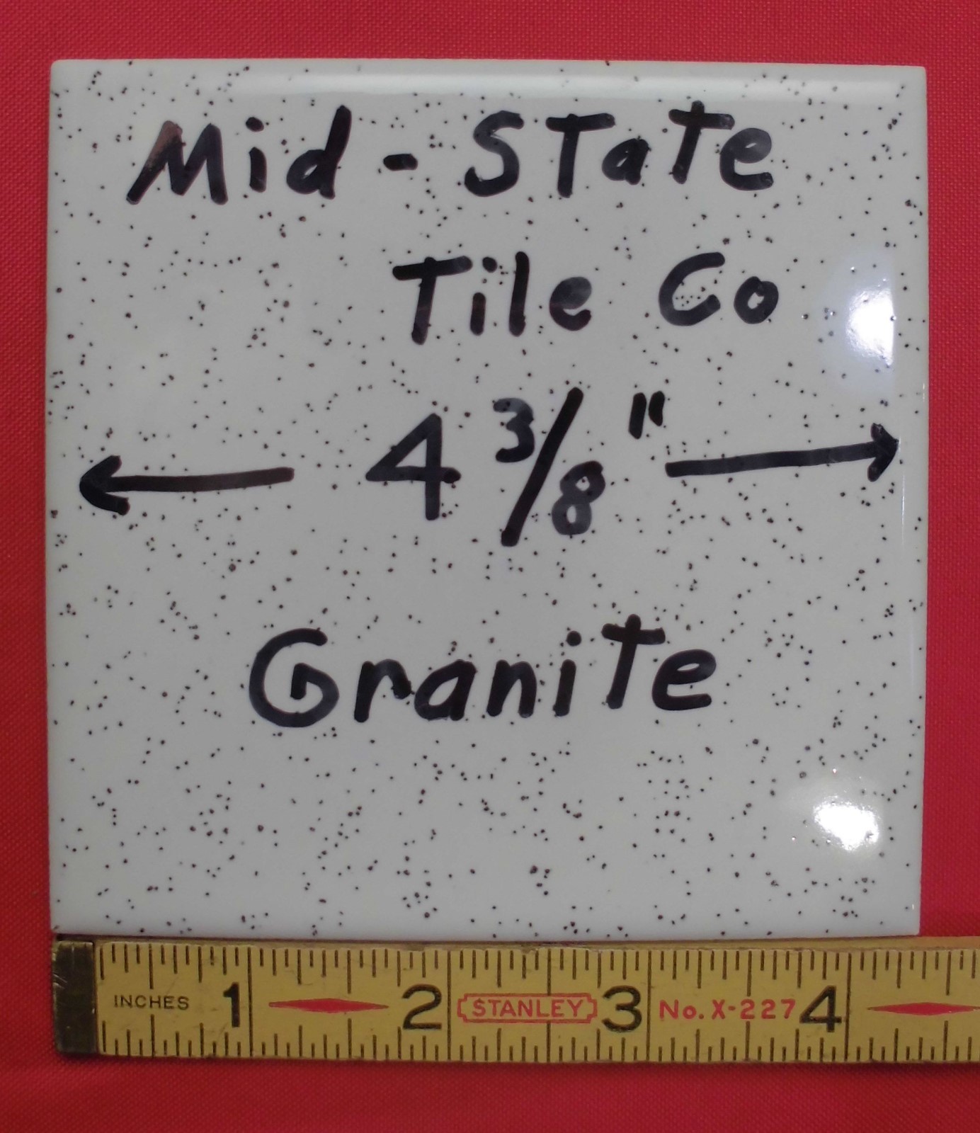 1 pc. White with dark specks…Glossy Ceramic Tile by Mid-State Co. 4-3/8″ NOS