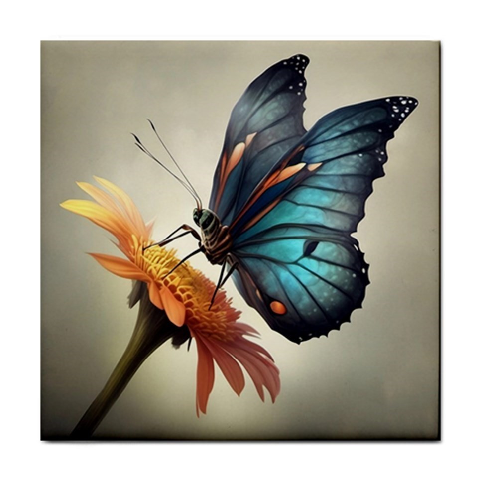 Ceramic Tile Blue Butterfly on Flower 4.25×4.25, 6×6 or 8×8 inches Printed in US