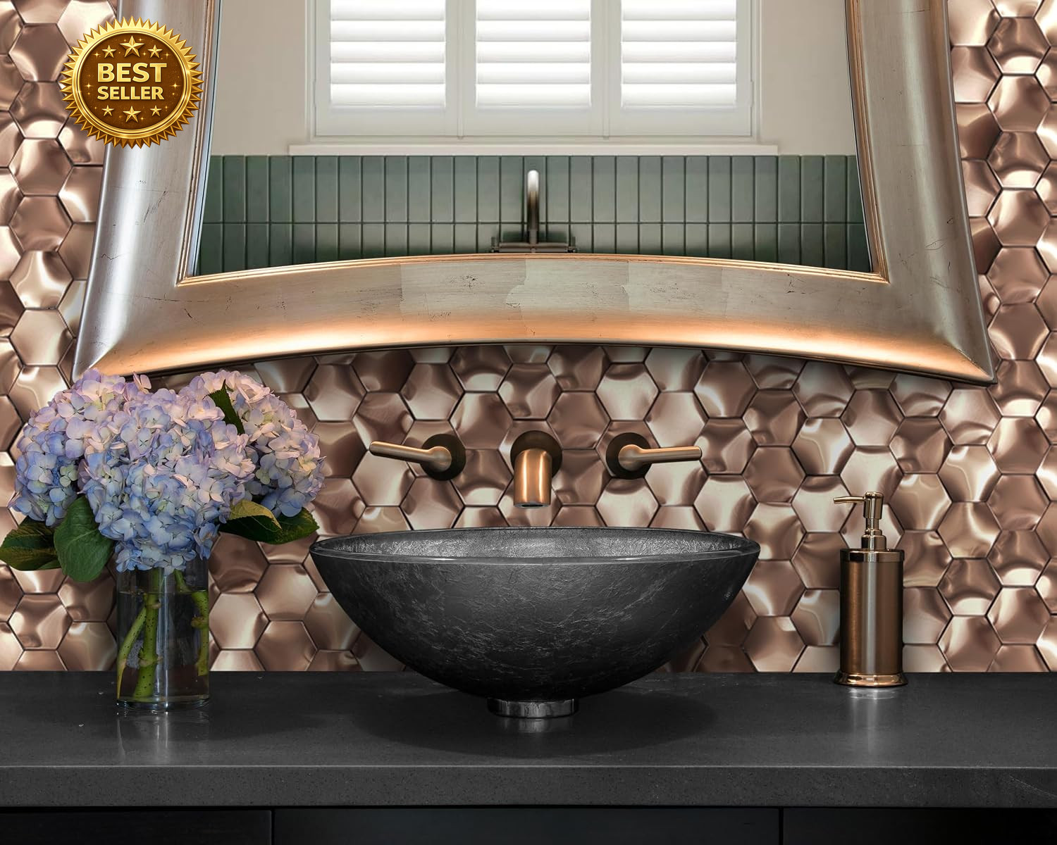 Hexagon 3D Wall Panels Bathroom Backsplash Tile Copper Metal Wall Mosaic Tiles