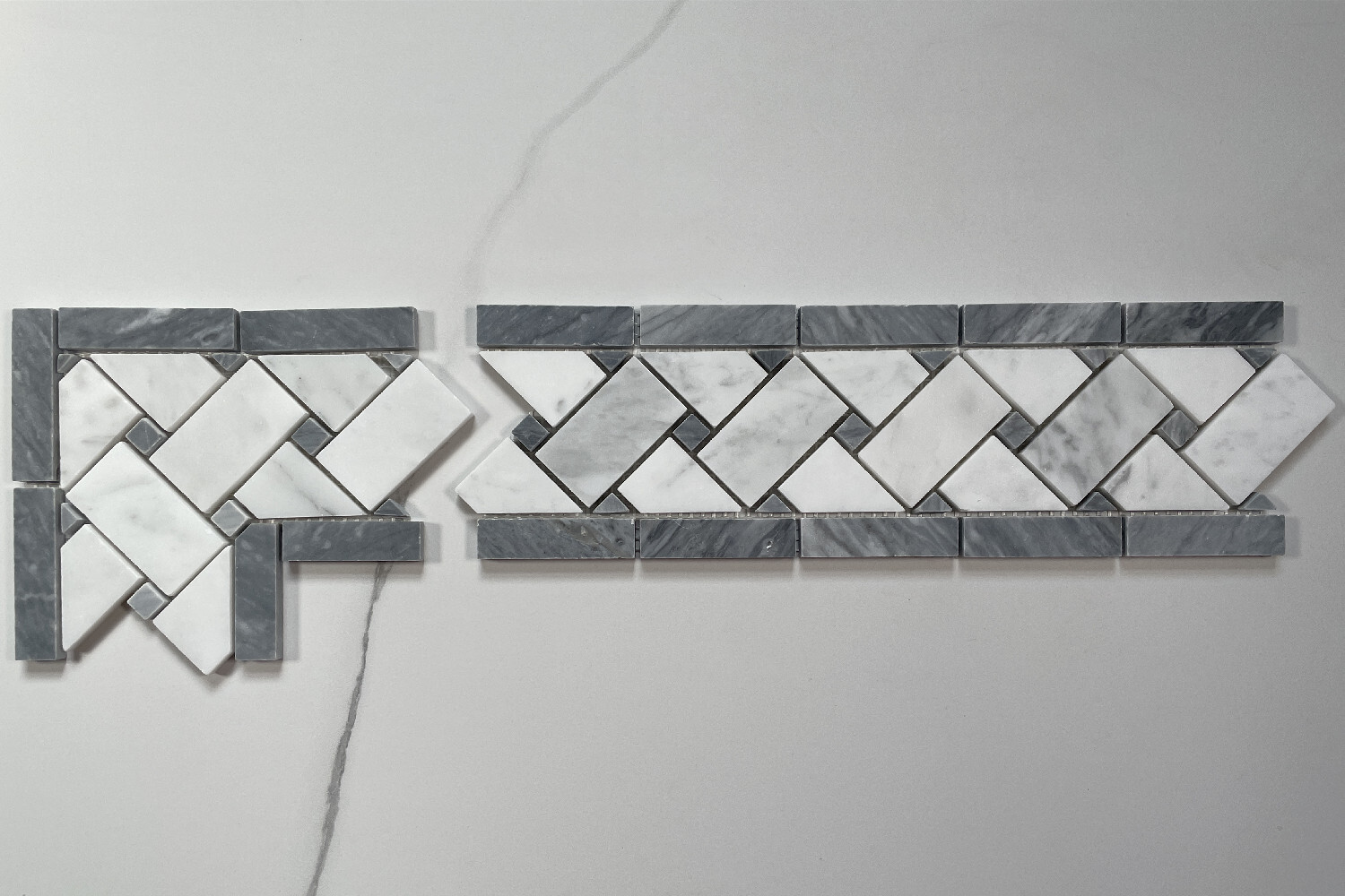 C657BXH Carrara Venato Marble Basketweave Mosaic Border Dark Gray Dots Honed