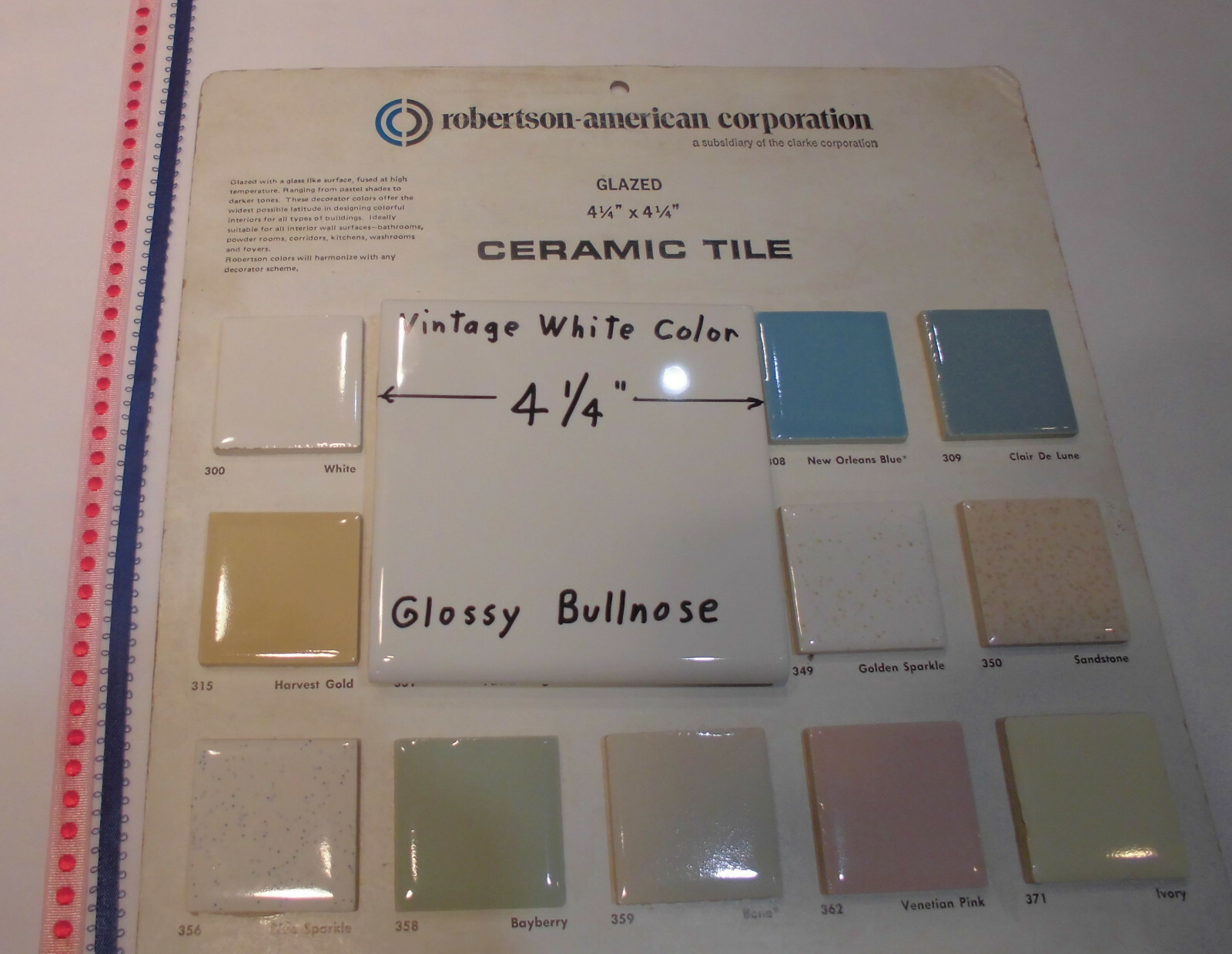 1 pc. *Vintage White* 4-1/4″ Glossy Ceramic Bullnose Trim Tile: Flat Type, NEW