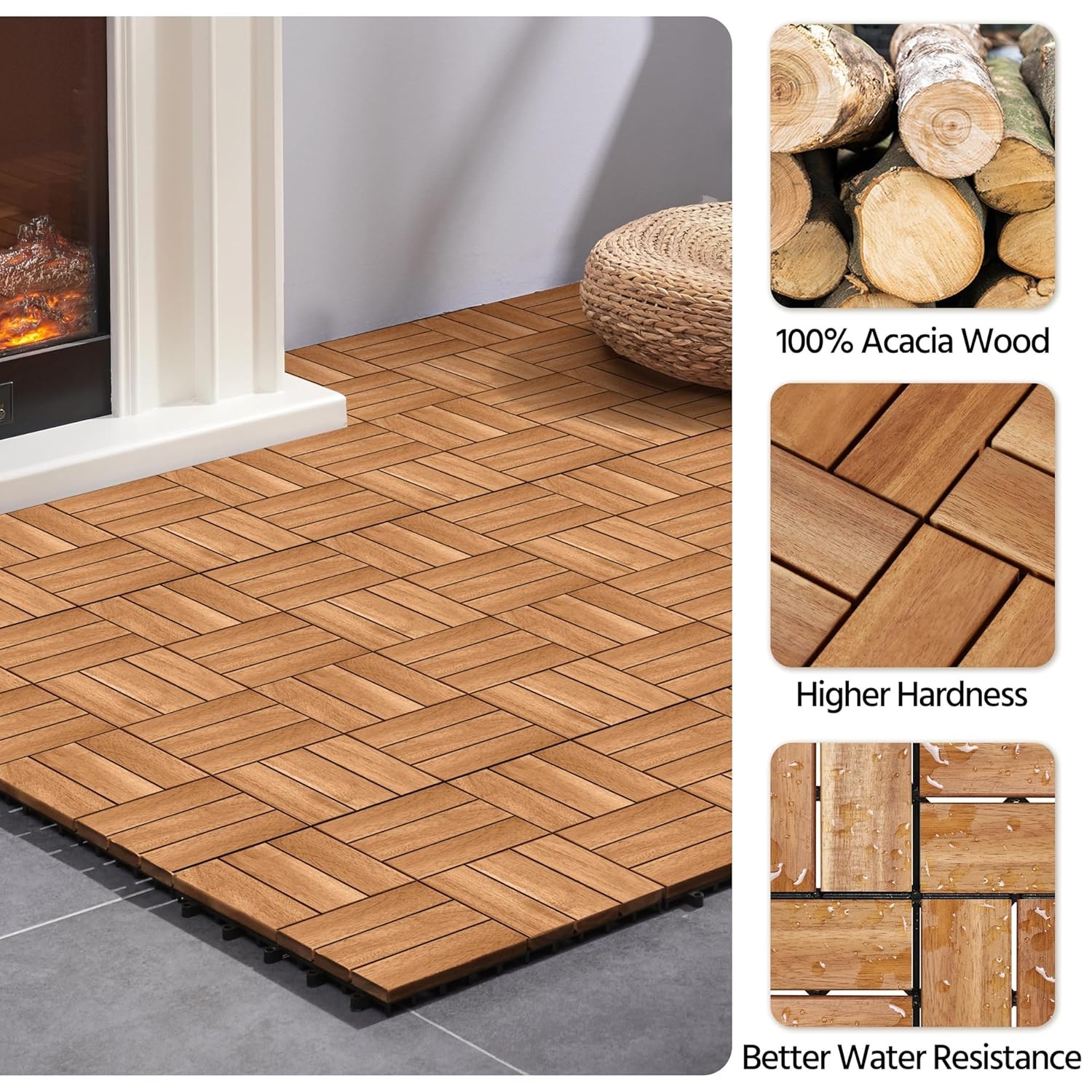 Acacia Waterproof Hardwood Patio Deck Tiles 108pcs Interlocking Wood Decking