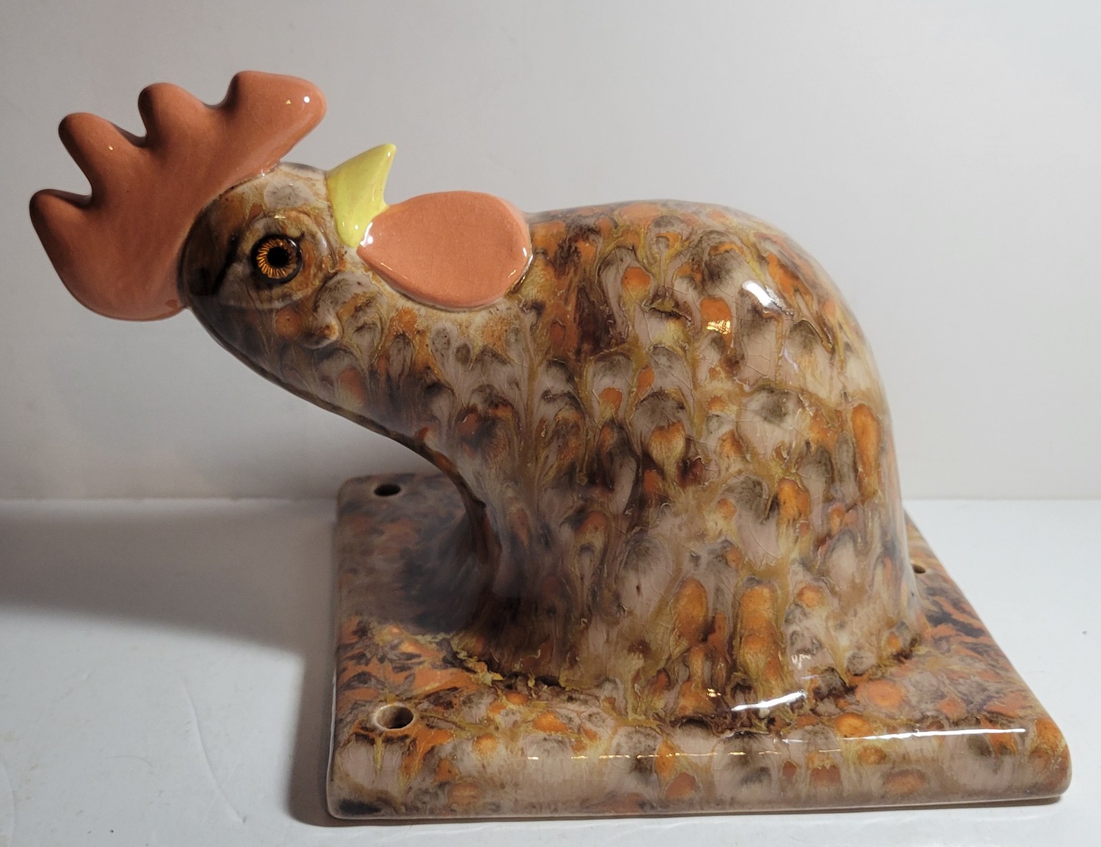 Unque Ceramic Wall Tile 3D Chicken- Rooster Head Glass Eyes Makers Mark dL