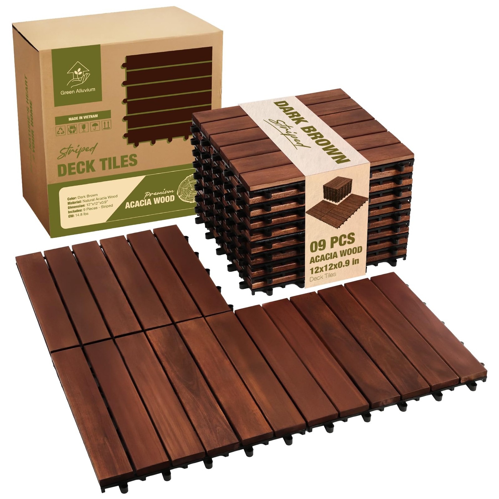 Premium Acacia Wood Interlocking Deck Tiles, 12″x12″x0.9″ Outdoor Patio Floor…