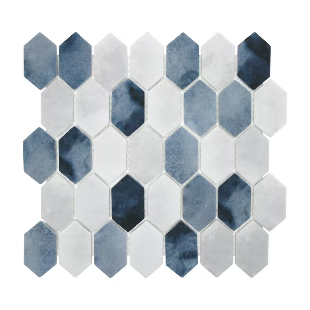 Picket Blue Mix 10.7 In. X 10.1 In. Long Hexagon Recycled Glass Cement Looks Mos