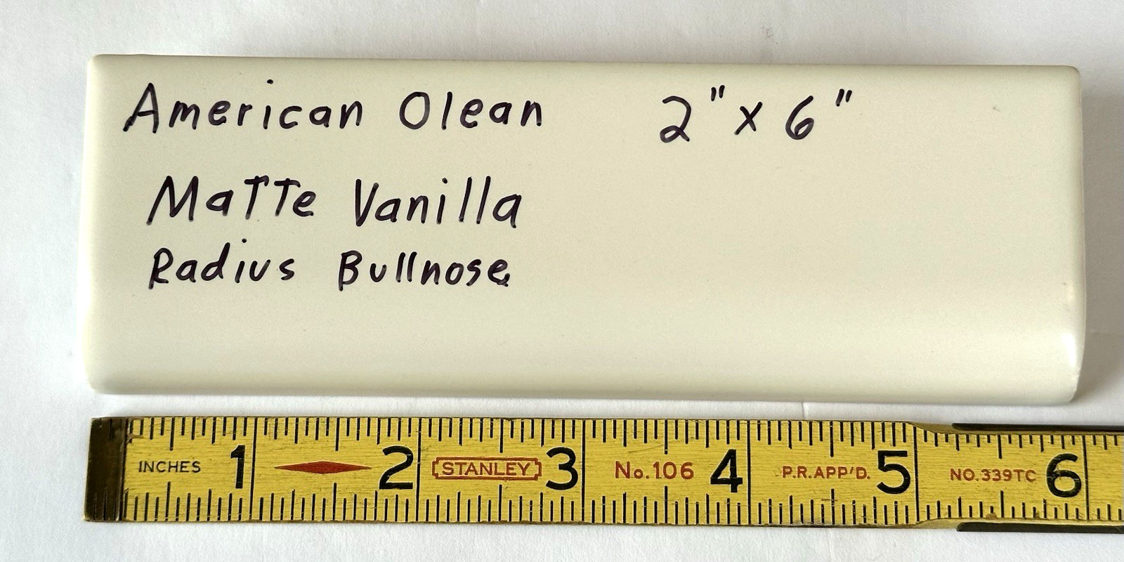 1 pc. Vanilla / off- white: 2″ X 6″ Radius Bullnose Ceramic Tile: American Olean