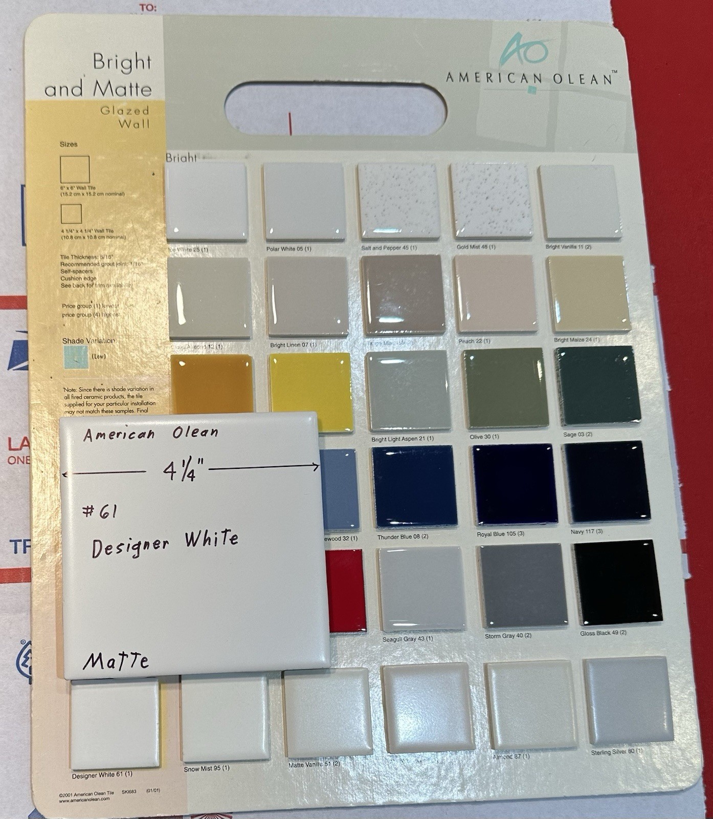 1 pc. Matte Designer White, #61 by American Olean 4-1/4″ Ceramic Tile: NEW STOCK
