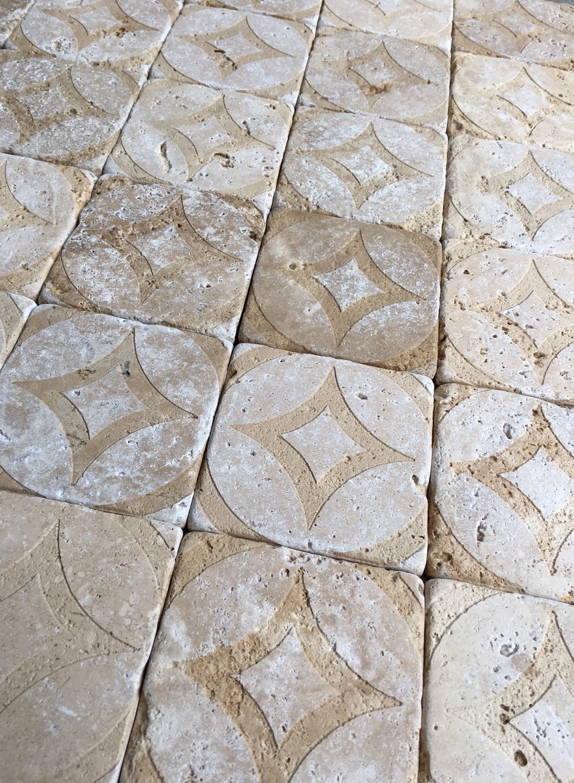Walnut Tumbled 4×4 Circa Carved Handmade Travertine Stone Decor Tile Backsplash