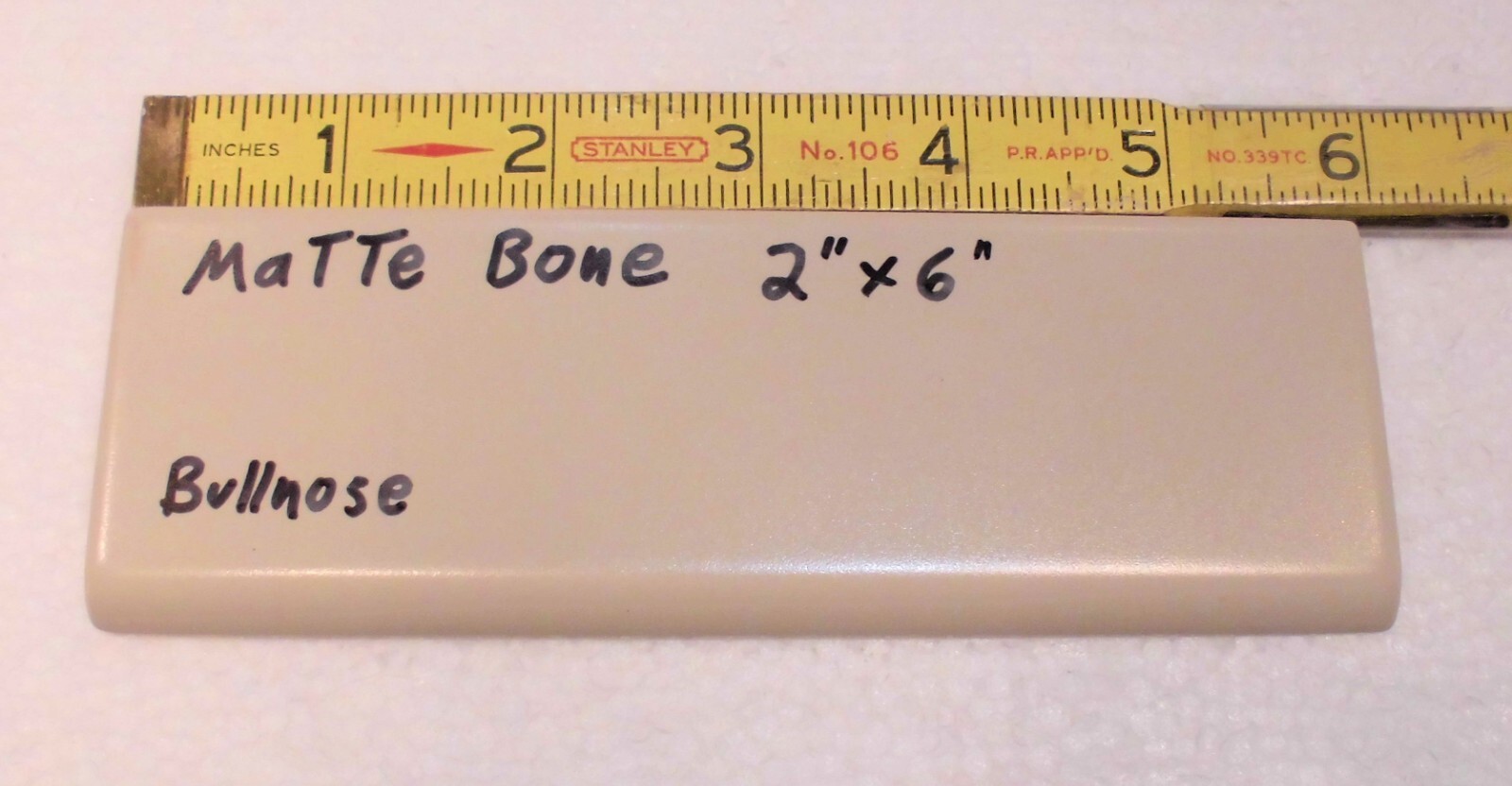 1 pc. Matte Bone – Almond: Ceramic Bullnose Tile 2” X 6” Flat-Surface Type, NEW
