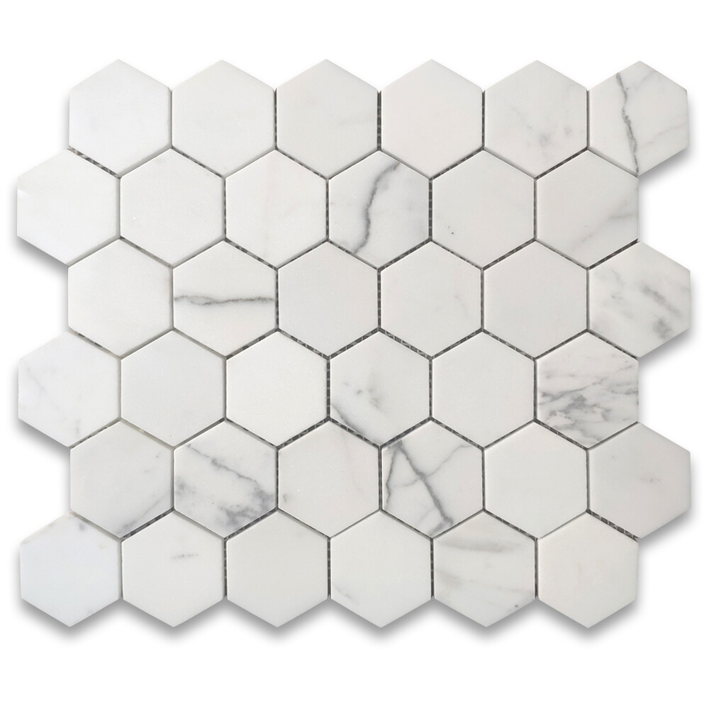 L32XH Statuary White Statuario Italian Marble 2″ Hexagon Mosaic Tile Honed