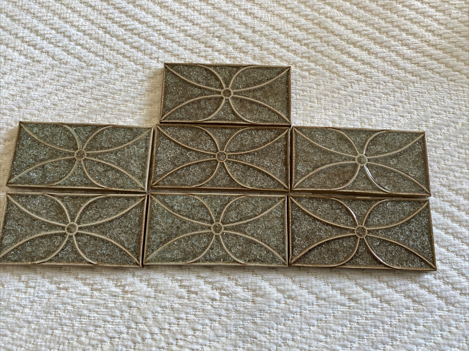 7 Crackle Glass Ceramic Green/ Brown Flower Tiles 3”x6”