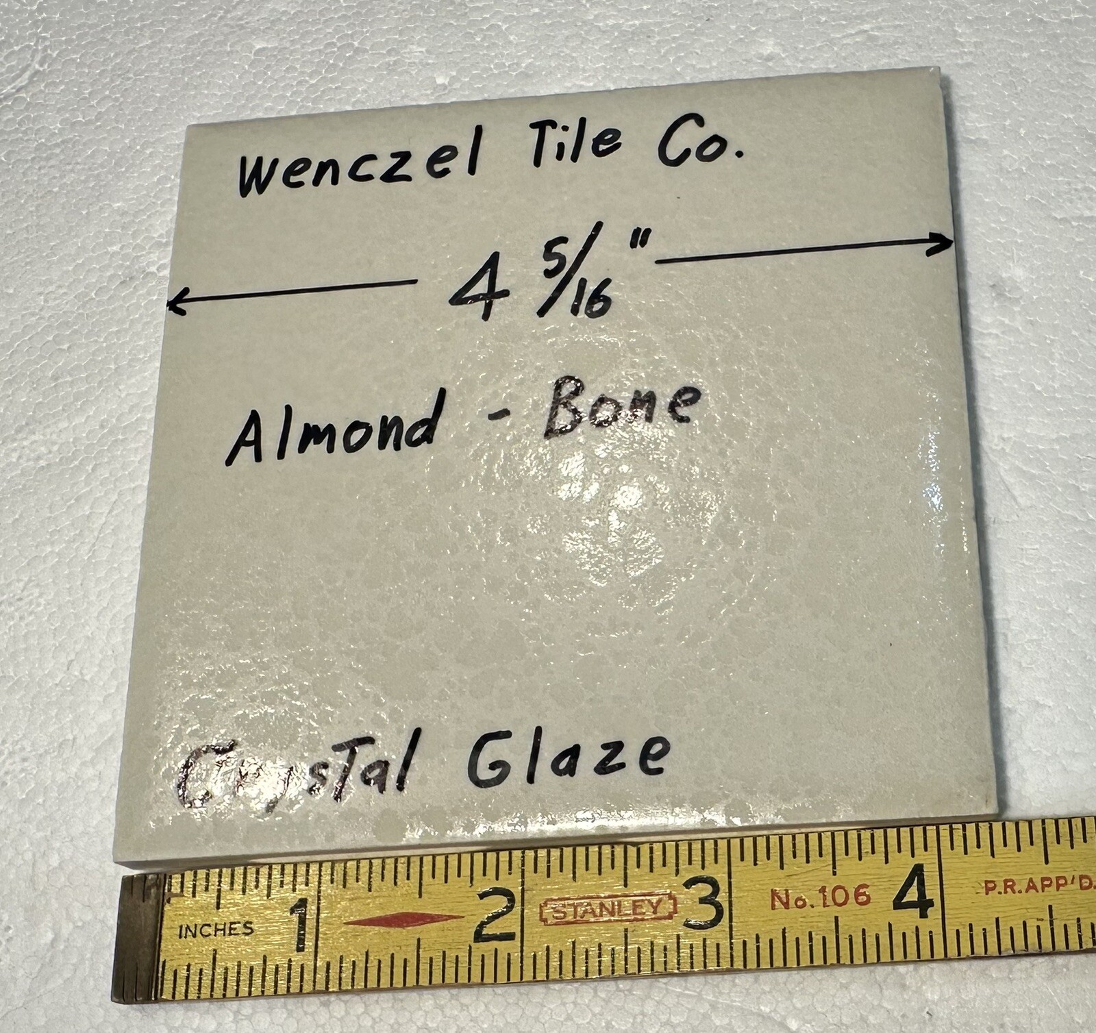 1 pc. *Almond – Bone* Crystal Glaze; Ceramic Tile by Wenczel Co. 4-5/16″ NOS