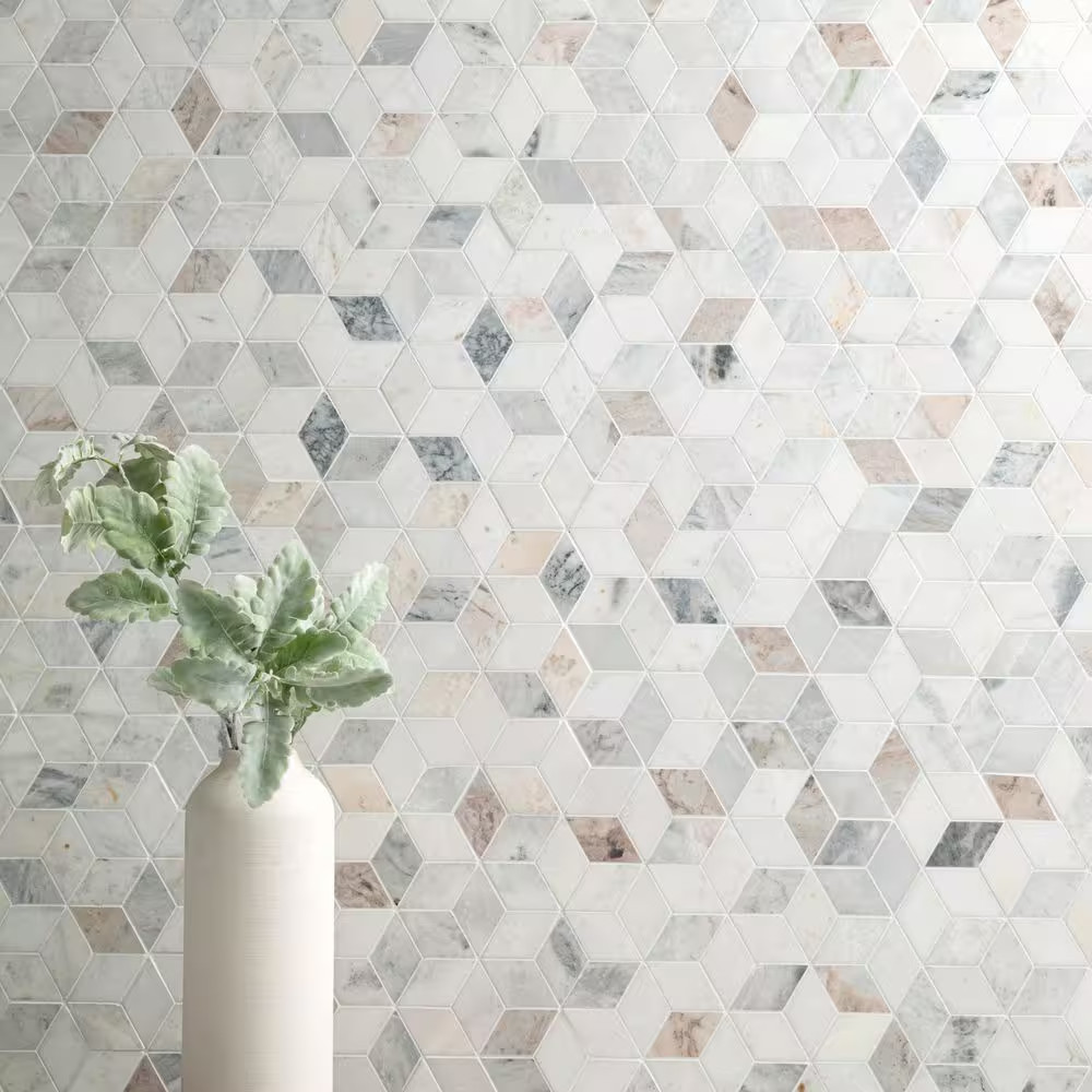 Arabescato Carrara Venato Cube 11 In. X 13 In. Mixed Marble Mesh-Mounted Mosaic