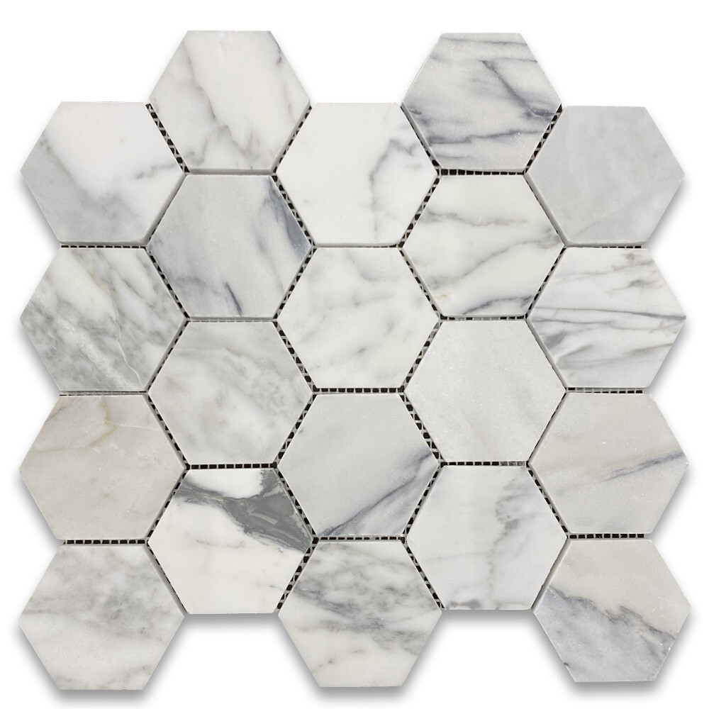 L33XH Statuary White Marble 3 inch Hexagon Mosaic Tile Honed