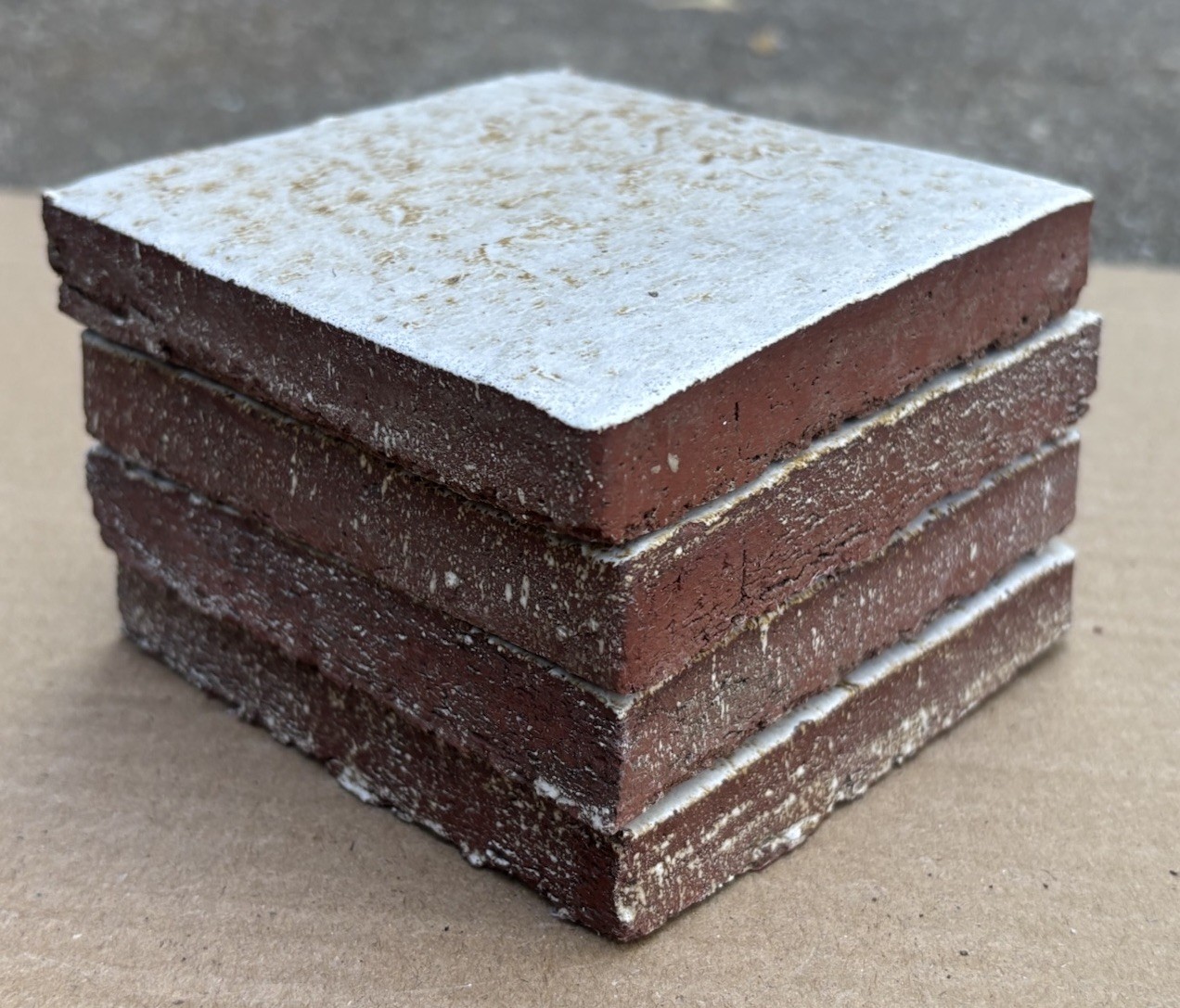 4 Vintage Hand Made Mottled Glazed Field Tile THICK 3 7/8″sq Set of 4 NOS #A