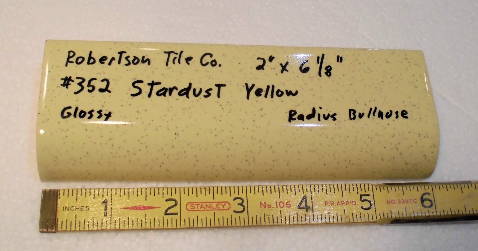 1 pc. *Stardust Yellow* Ceramic Tile; 2″ X 6-1/8″ Radius Bullnose; by Robertson
