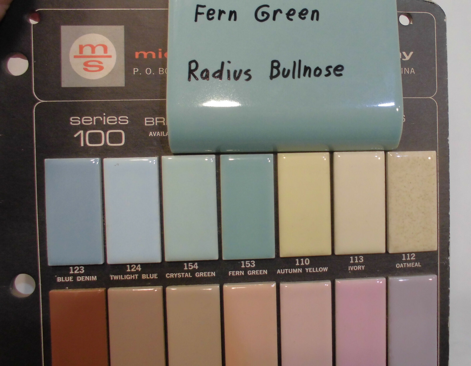 1: Fern Green Radius Bullnose Ceramic Tile 4-3/8″ by Mid-State: Glossy Mudd Cap