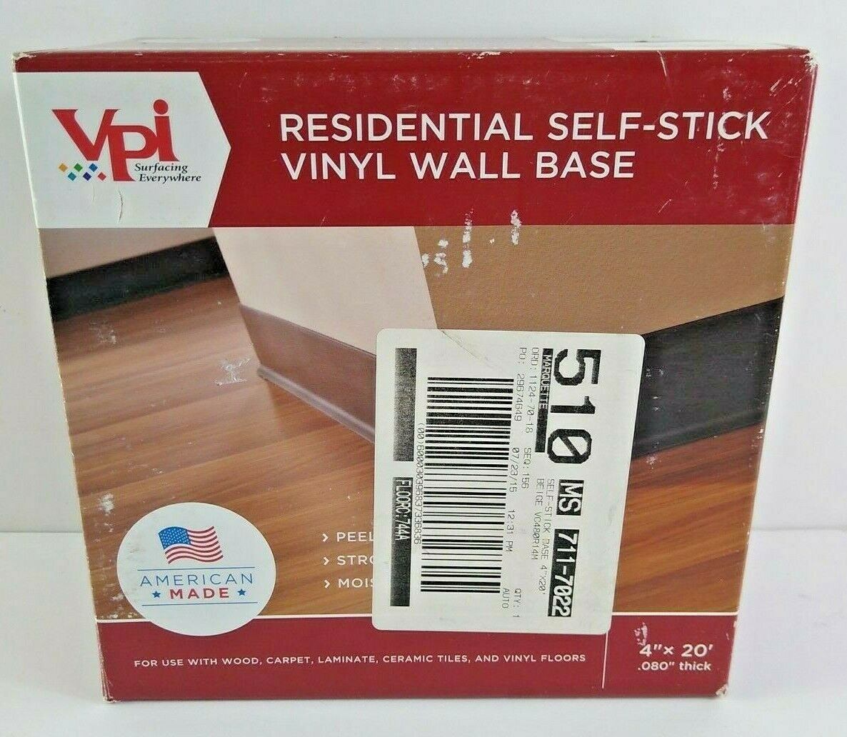 VPI Residential Self-Stick Vinyl Wall Base Beige 73″ Made USA Light Commercial