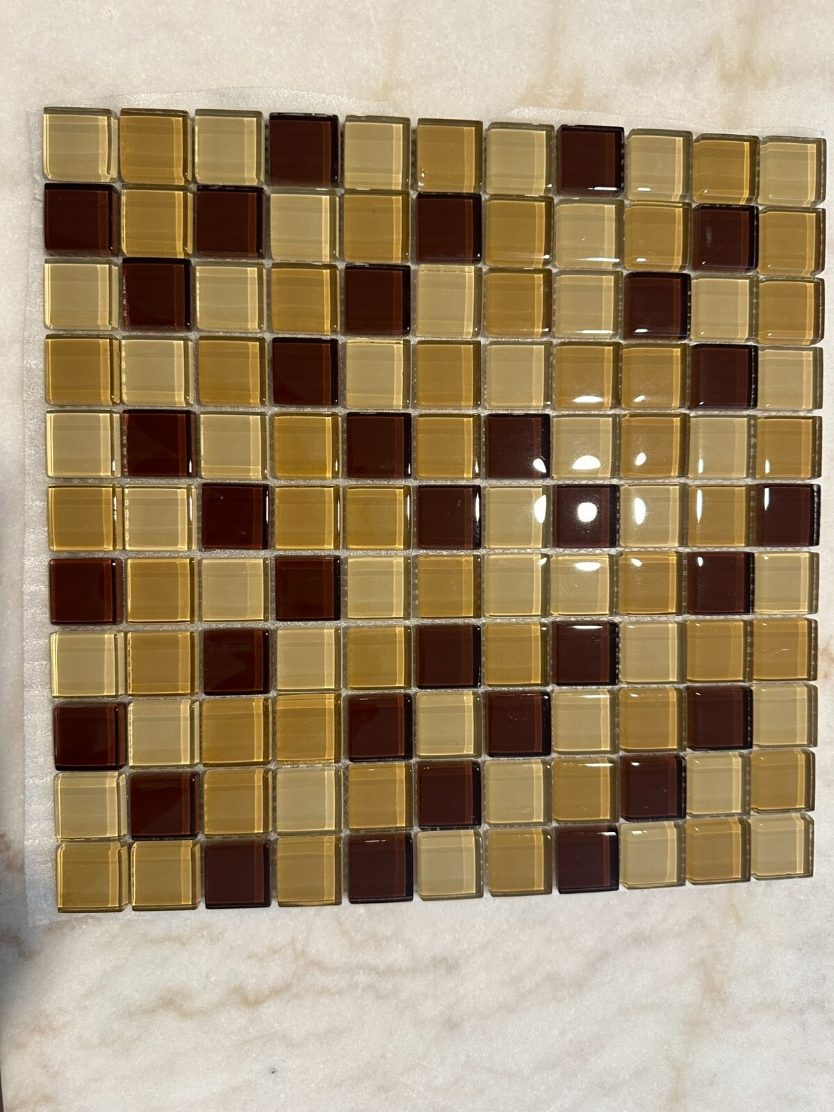 Dark Beige Mix Glossy Glass Mosaic 1″x1″ Stacked Mesh Mounted