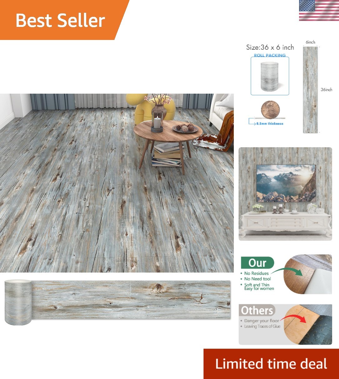 54 Sq.Ft,Wood Floor Tiles,36 Pack Grey Vinyl Flooring No Adhesive Residue 36″…